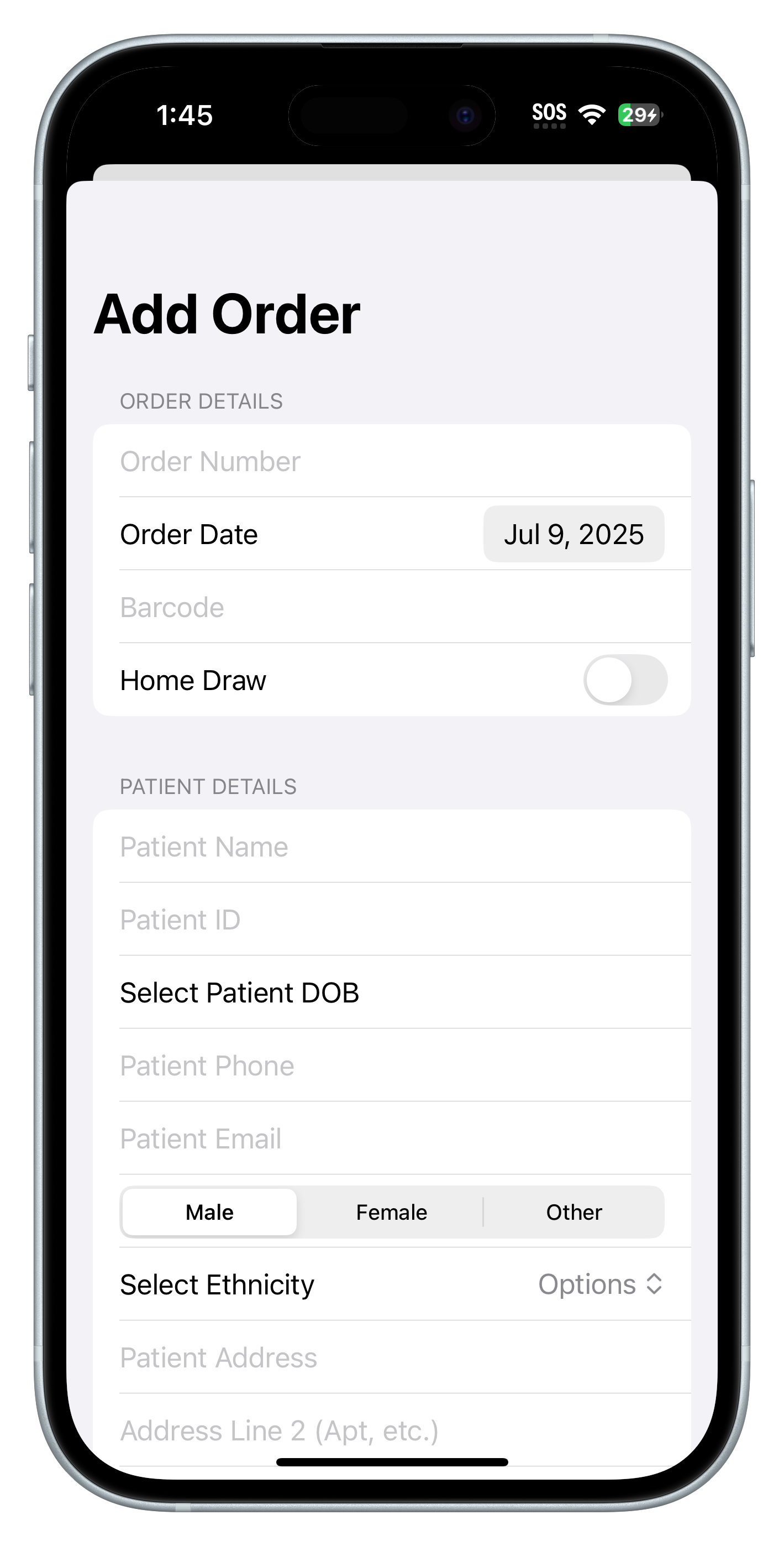 Add Order (Patient Info)